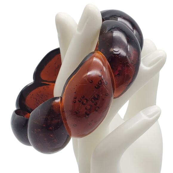 Vintage Root Beer Brown Acrylic Bangle Twisted Chunky Ribbed Bracelet Bubbles - Picture 3 of 9